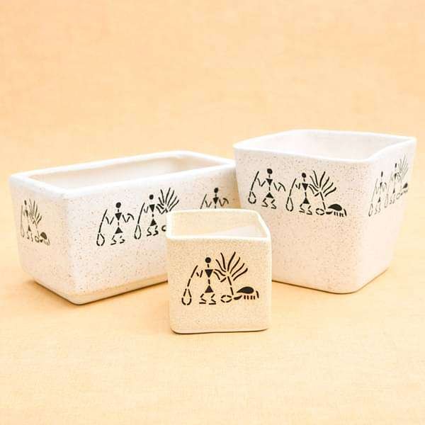Warli Painting Ceramic Pots – Pack of 3 - Shop now at Trigart Flower Nursery
